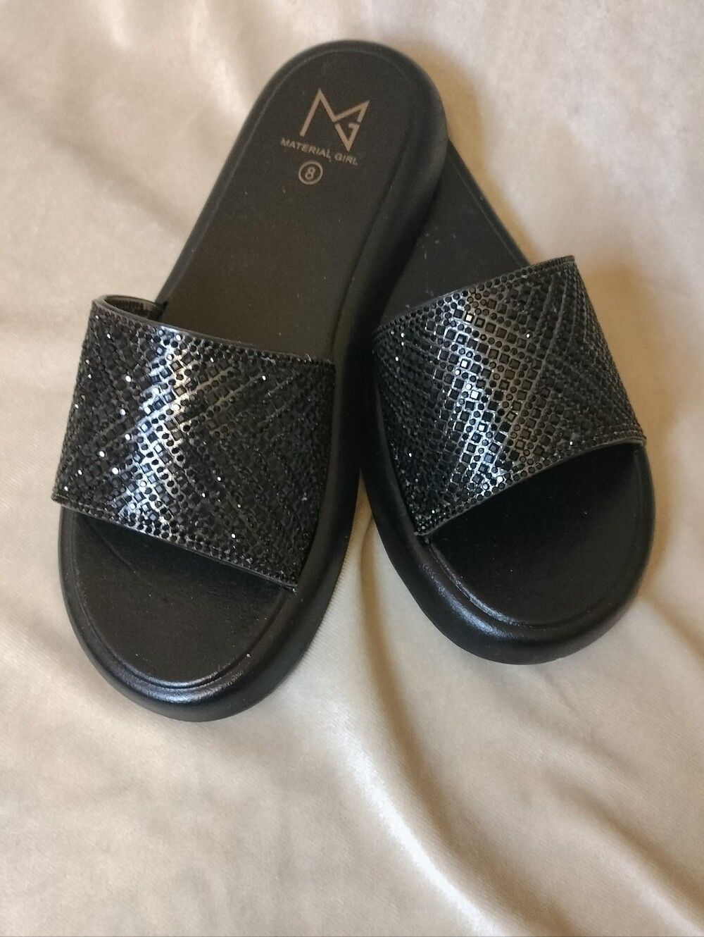 NWT! Material Girl Women's Size 8 Black Slide w/Black Encrusted Faux Stones.Sz 8